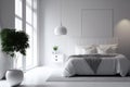 Minimalist modern white bedroom. Cozy white and grey room minimal concept, bed with a lot of pillows, white walls and green plants Royalty Free Stock Photo