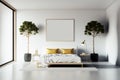 Minimalist modern white bedroom. Cozy white and grey room minimal concept, bed with a lot of pillows, white walls and green plants Royalty Free Stock Photo