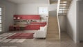 Minimalist modern white, red and wooden kitchen in contemporary open space with clean staircase, living room with sofa and carpet Royalty Free Stock Photo