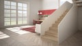 Minimalist modern white, red and wooden kitchen in contemporary open space with clean staircase, living room with sofa and carpet Royalty Free Stock Photo