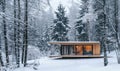 A minimalist modern wooden cabin surrounded by snow-covered trees in the winter forest Royalty Free Stock Photo