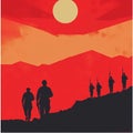 Minimalist Modernism War Poster: Soldiers Walking At Sunrise Royalty Free Stock Photo