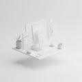 A minimalist, monochromatic digital art piece depicting a floating workspace setup.