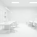 A minimalist, monochromatic office setting in white. The room features multiple