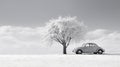 Minimalist Monochrome: Classic Car In Snowy Landscape