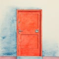 Minimalist Monotype Print: Retro Door On Blue Wall