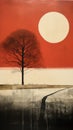 Minimalist Monotype Print: Retro Landscape With Black And Red Tree Royalty Free Stock Photo