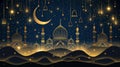 Minimalist mosque silhouette with crescent moon and golden lines on dark background Royalty Free Stock Photo