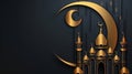 Minimalist mosque silhouette with crescent moon in golden lines on dark background Royalty Free Stock Photo