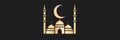 Minimalist mosque silhouette with crescent moon in golden lines on dark background, text space Royalty Free Stock Photo
