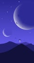 Minimalist mountain landscape background, UFO abducts a man, planets or moons in the night sky. Abstract sunset surface