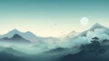 Minimalist Nature Wallpaper: Hazy Mountains, Moon, And Birds In Soothing Cyan And Emerald