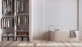Minimalist nordic bleached wooden bathroom with walk-in closet in white and beige tones. Freestanding bathtub, wallpaper and