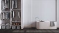 Minimalist nordic dark wooden bathroom with walk-in closet in white and beige tones. Freestanding bathtub, wallpaper and decors.