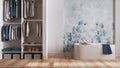 Minimalist nordic wooden bathroom with walk-in closet in white and blue tones. Freestanding bathtub, wallpaper and decors.