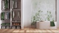 Minimalist nordic wooden bathroom with walk-in closet in white and green tones. Freestanding bathtub, wallpaper and decors.