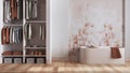 Minimalist nordic wooden bathroom with walk-in closet in white and orange tones. Freestanding bathtub, wallpaper and decors.