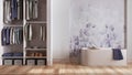 Minimalist nordic wooden bathroom with walk-in closet in white and purple tones. Freestanding bathtub, wallpaper and decors.