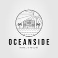 minimalist oceanside architecture or hotel building line art logo vector illustration design