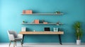 Minimalist Office Desk With Bookshelves In Light Orange And Turquoise