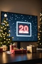 Minimalist office with digital countdown to Christmas.