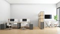 Minimalist office room with filing cabinet and small meeting table. 3d rendering