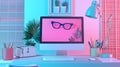 Minimalist office space with a computer displaying floating glasses Royalty Free Stock Photo