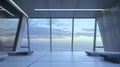 Minimalist office space with expansive windows revealing a breathtaking sky vista Royalty Free Stock Photo