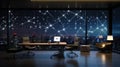 A minimalist office space illuminated only by a constellation of LED stars shaped like business icons and logos