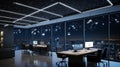 A minimalist office space illuminated only by a constellation of LED stars shaped like business icons and logos