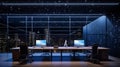 A minimalist office space illuminated only by a constellation of LED stars shaped like business icons and logos