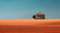 Minimalist oil paint landscape of a brick house in the middle of grass field with blue clear sky