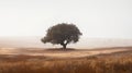 Minimalist oil paint landscape of a silhouette tree in the middle of grass field with fogy mist sky to invoke calmness