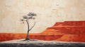 Minimalist Canyon Oil Painting With Lone Tree: Collage Techniques And Photography Elements