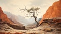 Minimalist Canyon Oil Painting With Lone Tree