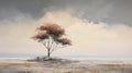 Abstract Tree On Rocky Island: Atmospheric And Moody Digital Painting