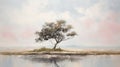 Soft And Airy Oil Painting Of A Lone Tree In An Empty Lake