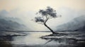 Serene Scottish Landscape Painting: Lone Tree By The River