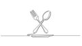 Minimalist one-line art drawing of a fork and spoon crossed on a plate representing dining Royalty Free Stock Photo