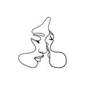 Minimalist One Line Couple Kiss. Abstract Man Woman Love, Romantic Lovers Continuous Line Art Print. Vector Illustration