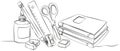 minimalist one-line vector illustration school supplies books ruler scissors glue erasers sharpener, simple continuous line