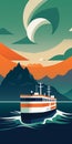 Minimalist Orange Ferry Driving Through Blue-green Forest Illustration