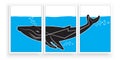 Whale silhouette under the sea. Minimalist art design. Three pieces poster design