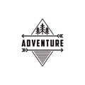 Minimalist outdoor adventure badge logo with pine trees and arrow vector