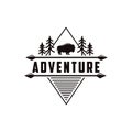 Minimalist outdoor adventure badge logo with pine trees, bison and arrow vector illustration