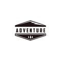 Minimalist outdoor adventure badge logo with pine trees and mountain vector illustration