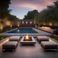 A minimalist outdoor patio with sleek furniture, a fire pit, and a serene water feature5 Royalty Free Stock Photo