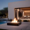 A minimalist outdoor patio with sleek furniture, a fire pit, and a serene water feature3