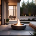 A minimalist outdoor patio with sleek furniture, a fire pit, and a serene water feature4 Royalty Free Stock Photo