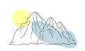 Minimalist outline mountains, sun. Trendy abstract illustration with color spots.